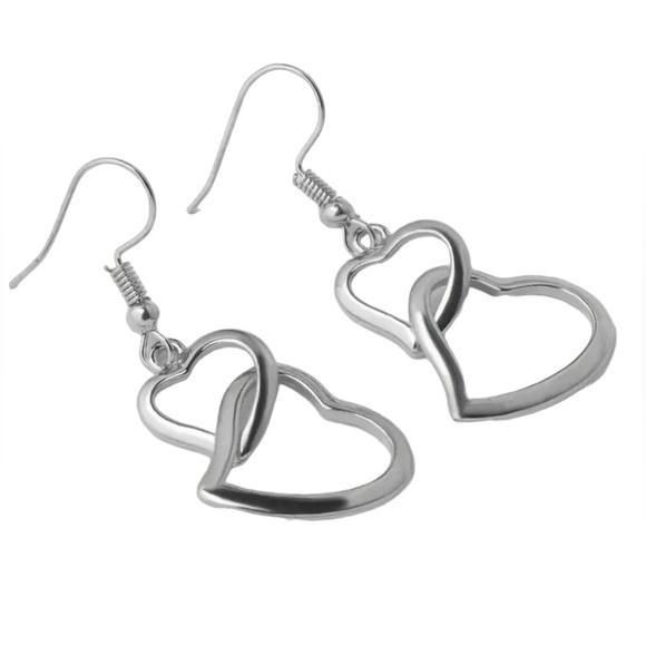 Jewelry - Double Heart Silver Tone Dangle Earrings